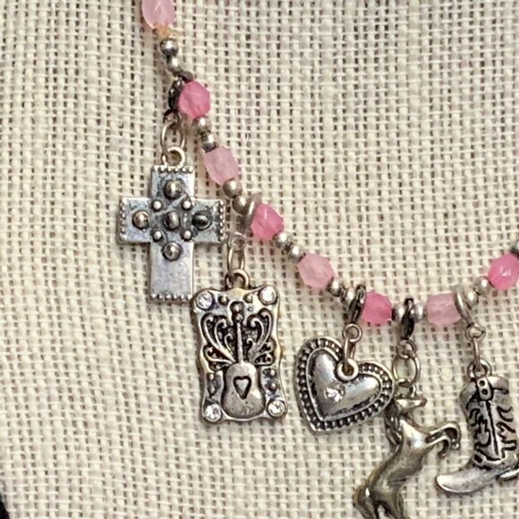 Western Bracelet Choker Necklace 14 In As Is Pink 7 Charms Cross Horse Boot BoHo - Picture 2 of 7